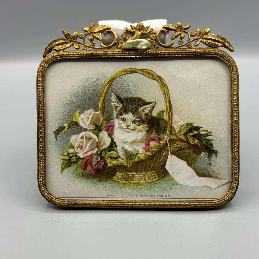 Antique Victorian Kitten in Basket Miniature Chromolithograph